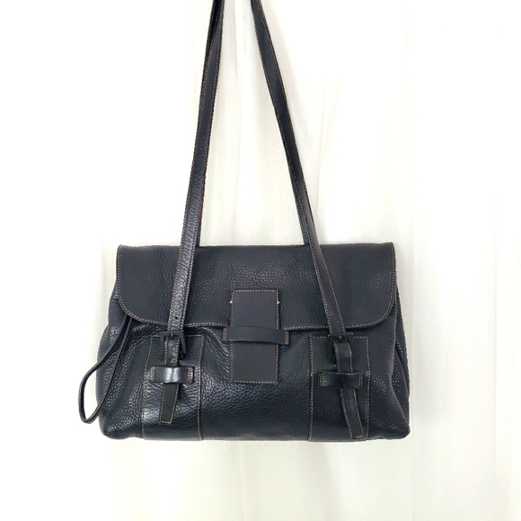 Vintage Siso Select black pebbled leather shoulder bag double strap drawstring - Picture 1 of 12